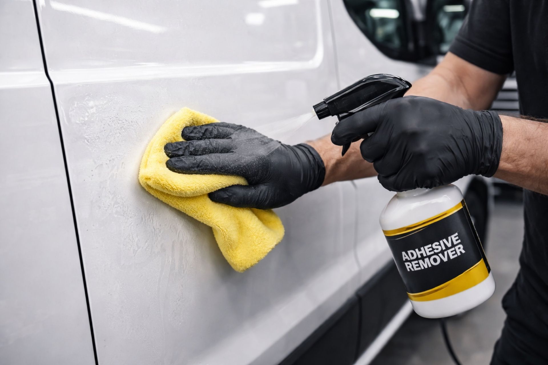 Person cleaning a car door with a yellow cloth and spray bottle of adhesive remover