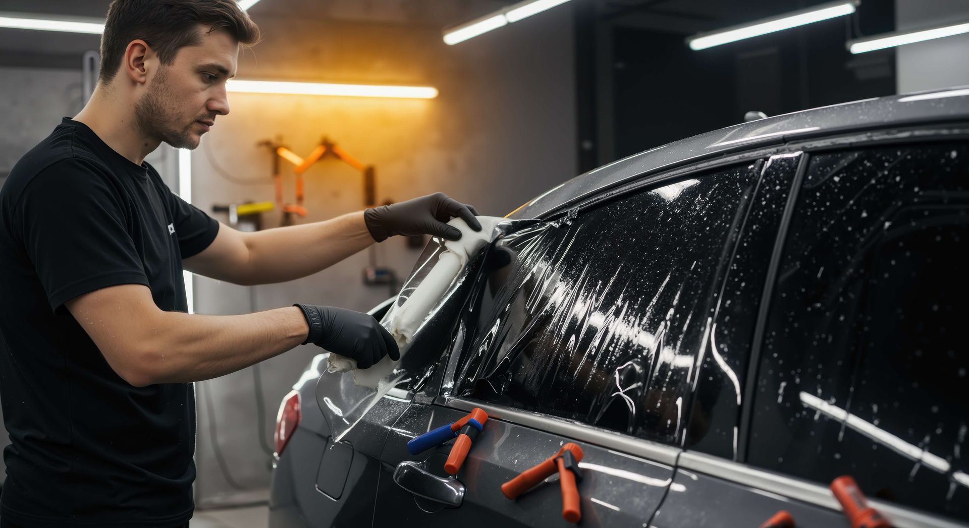 Detailer polishing a black car window in a garage, with water droplets on the glass.