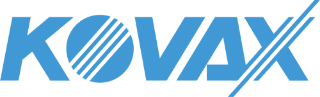 Blue KOVAX logo with stylized striped “O” and diagonal accent line
