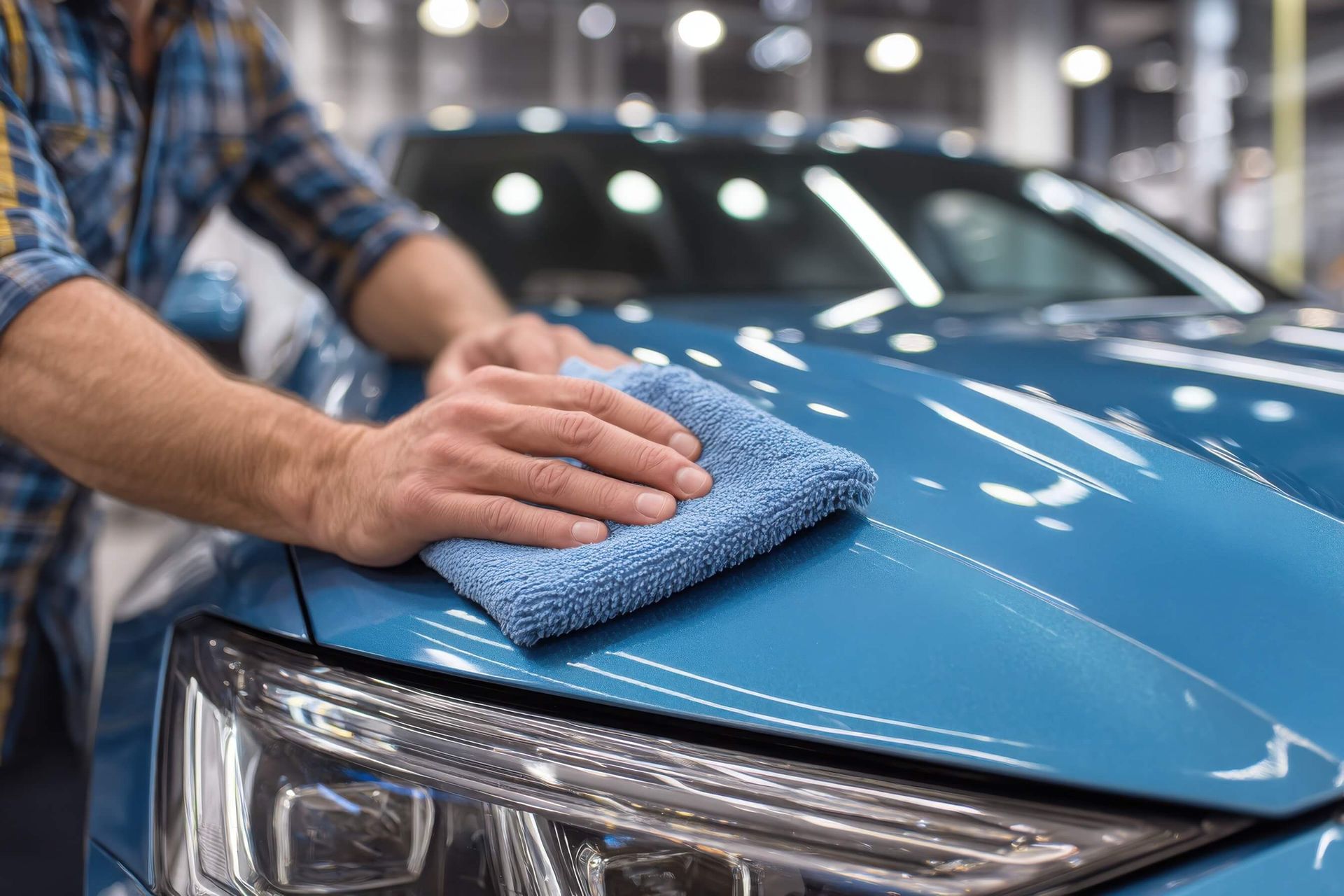 Person wiping a blue car hood with a microfiber cloth in a garage
