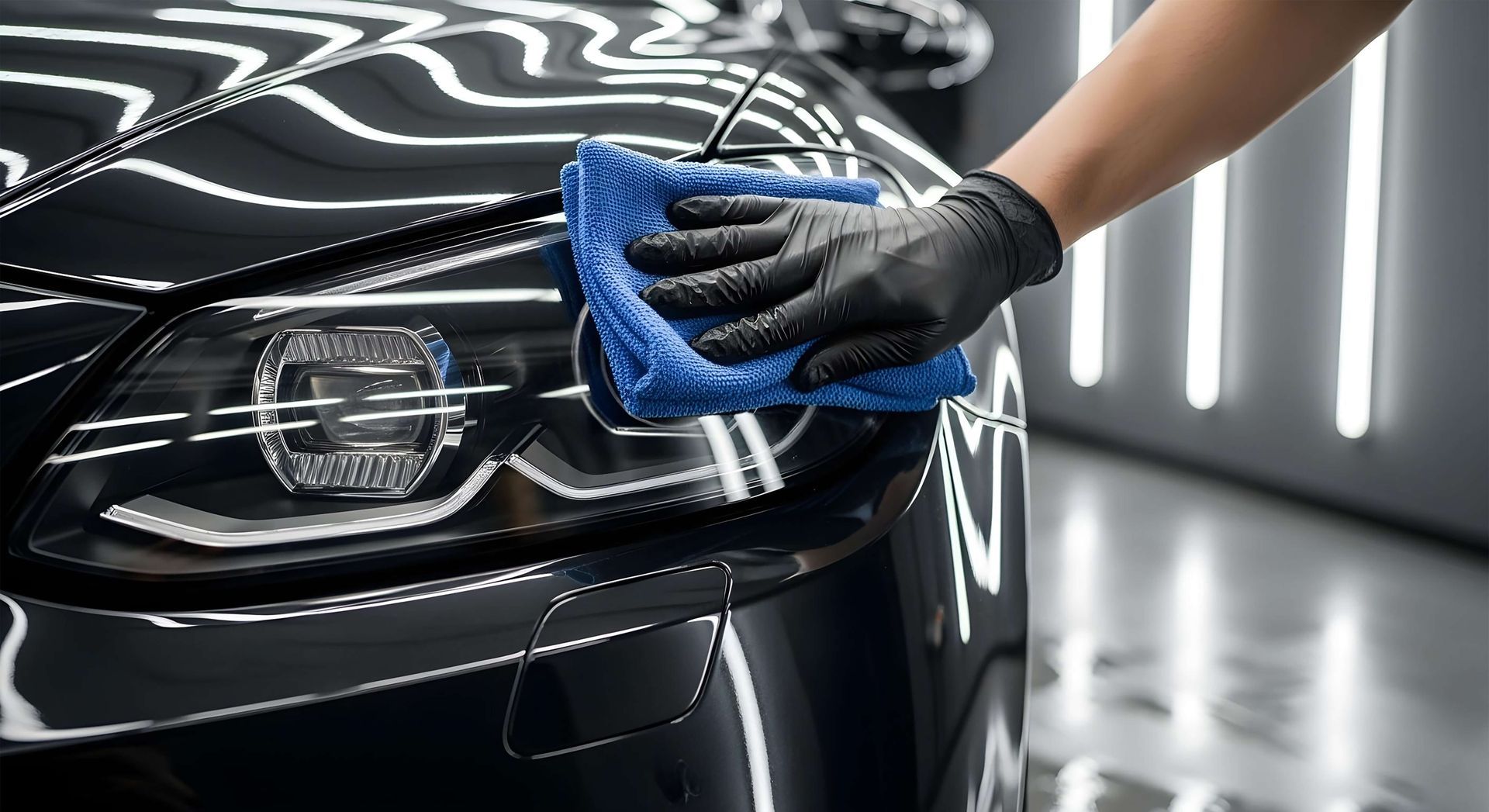 Person wiping a black car’s headlight and hood with a blue cloth in a garage