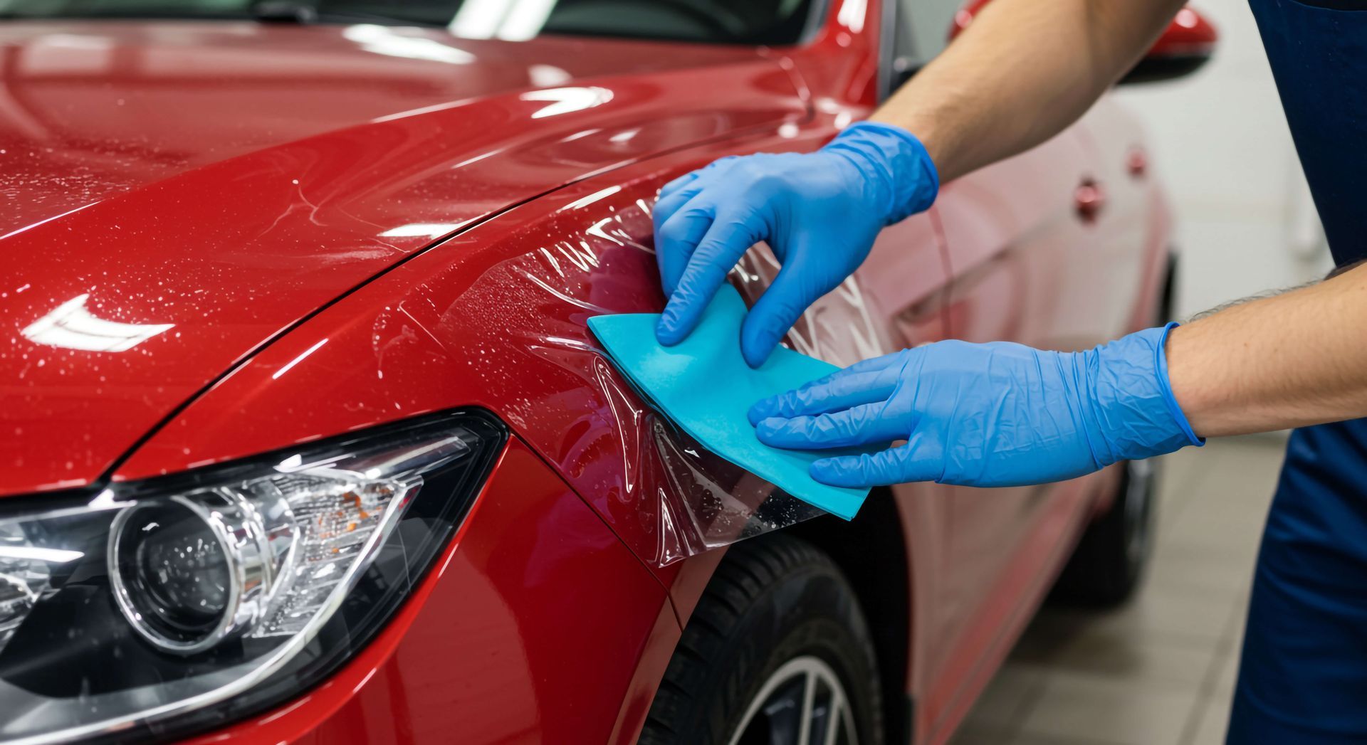Person cleaning a red car’s hood with a blue cloth while wearing blue gloves
