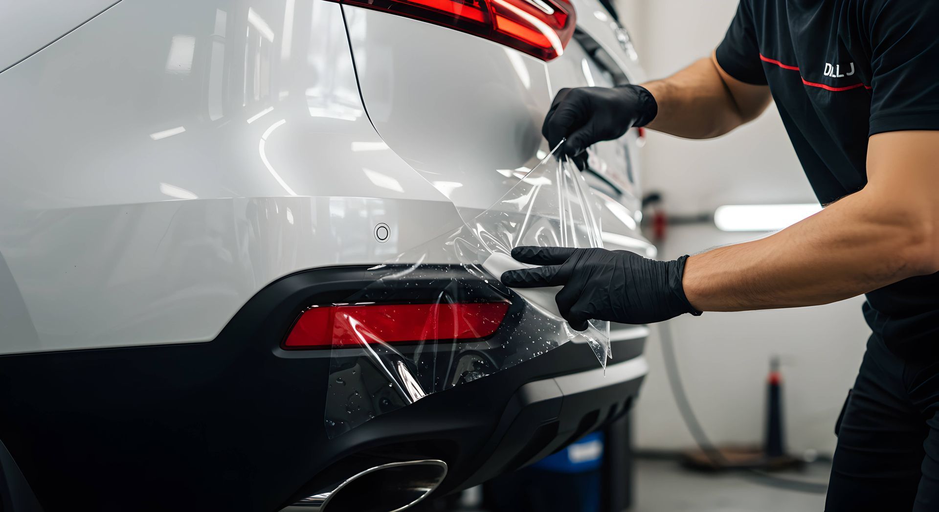 Person washing a silver car’s rear bumper with water and a sponge in a garage