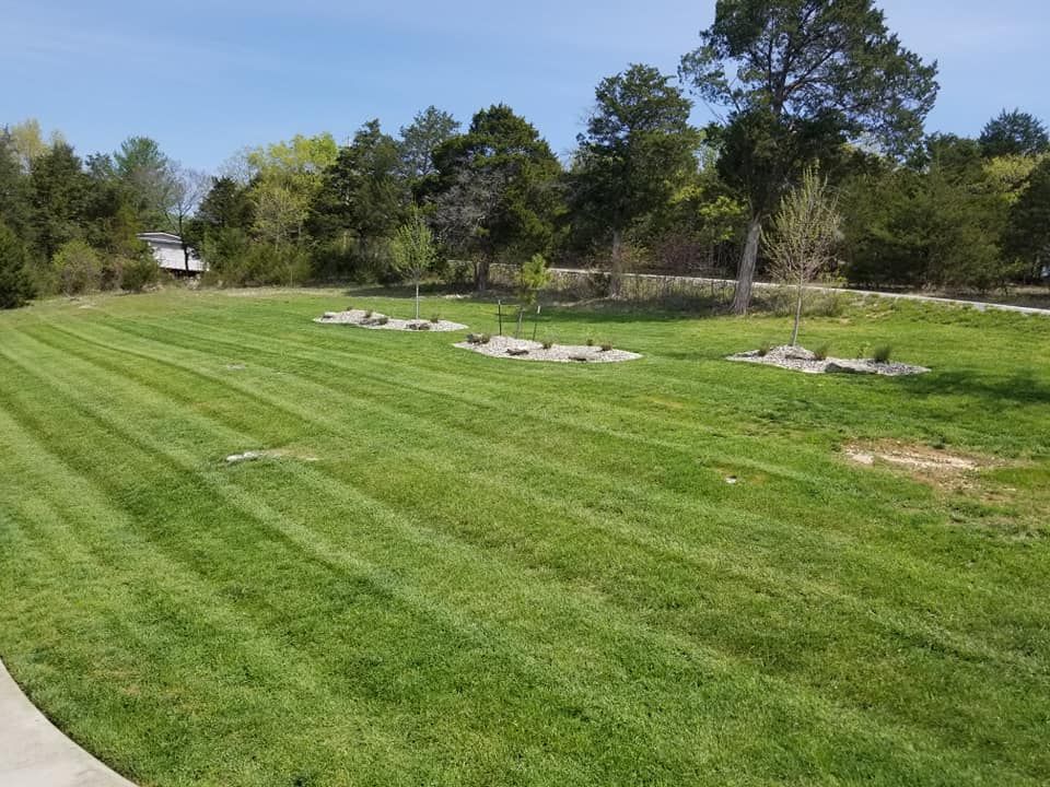 Green lawn with freshly cut stripes; trees in the background under a blue sky.