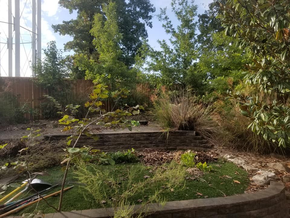 A tiered garden with stone retaining walls, grassy areas, and various green plants and trees under a blue sky.