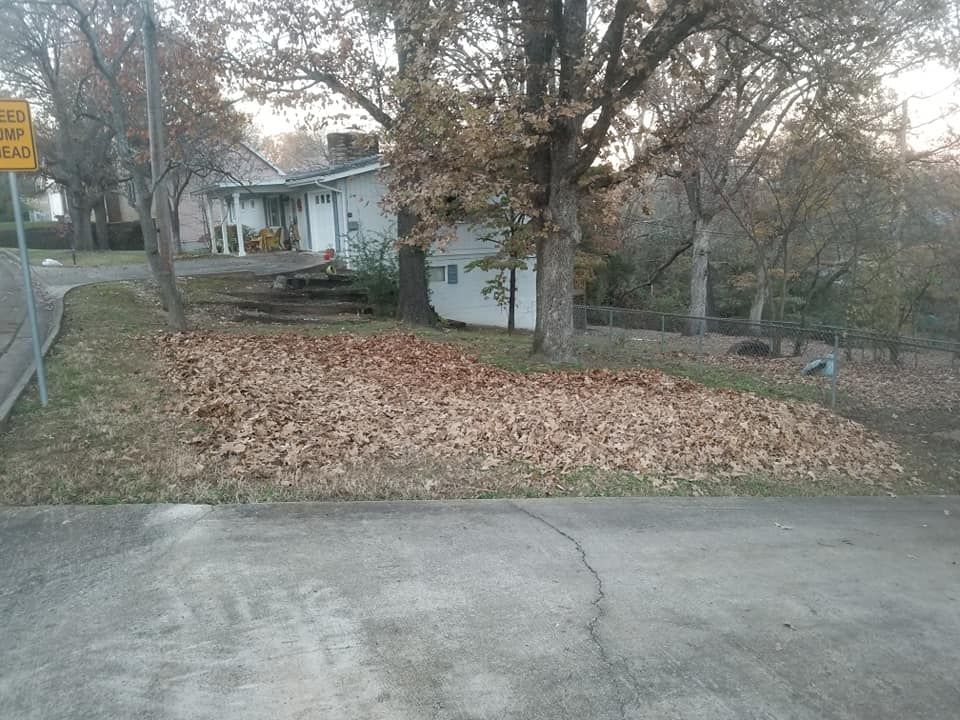 Pile of fallen brown leaves on grassy slope in front of a white house.