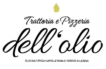 Logo per Trattoria e Pizzeria dell'olio con un font corsivo e un'icona a forma di goccia dorata sopra.