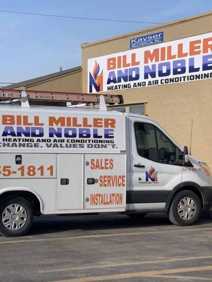 Bill Miller and Noble HVAC service van parked outside a building under a blue sky