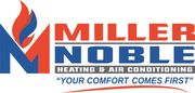 Miller Noble heating & air conditioning logo in red, blue, and orange with slogan “Your Comfort Comes First”