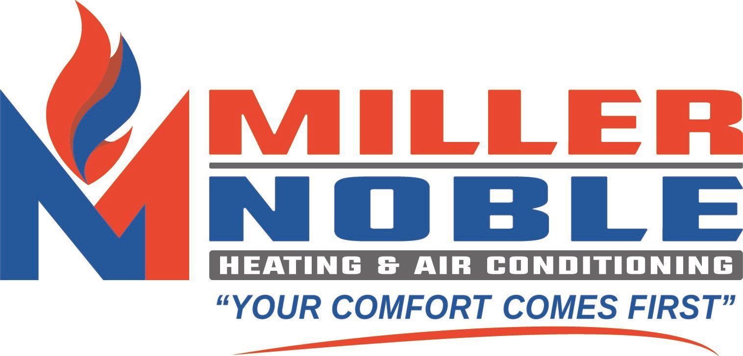 Miller Noble heating & air conditioning logo in red, blue, and orange with slogan &ldquo;Your Comfort Comes First&rdquo;