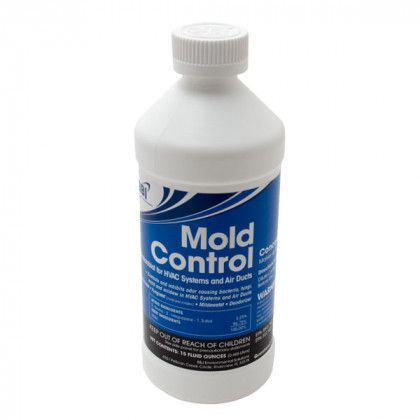 White bottle labeled “Mold Control” with a blue label on a plain background