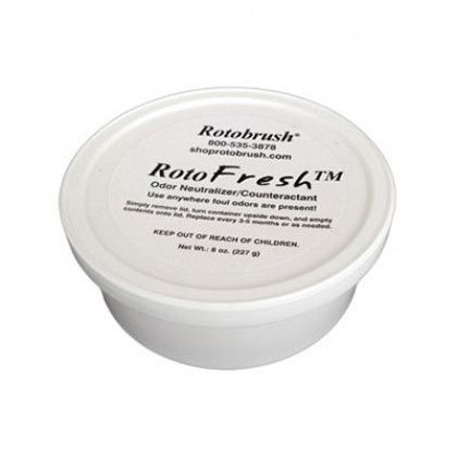 White plastic tub of RotoFresh denture cleanser with a printed lid label