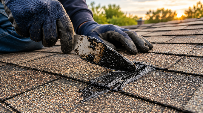 Hands applying roofing cement to a damaged shingle on a rooftop