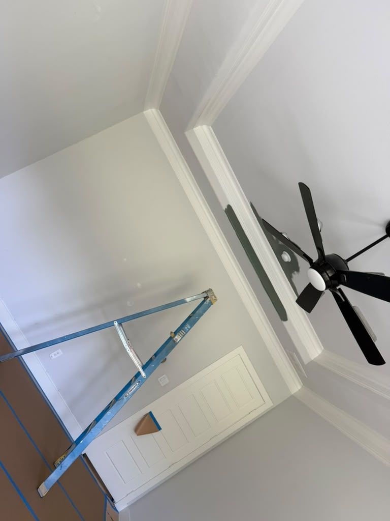 Blue ladder beside a white door in a room with a black ceiling fan and gray walls.