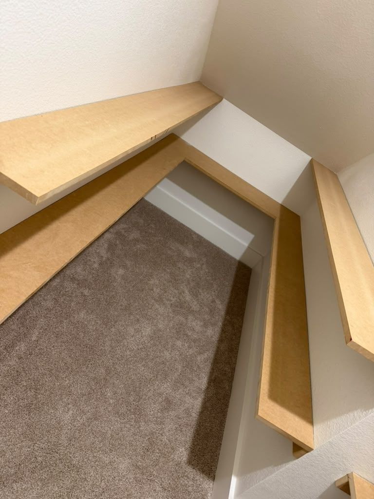 Empty closet with beige shelves and brown carpeted floor.