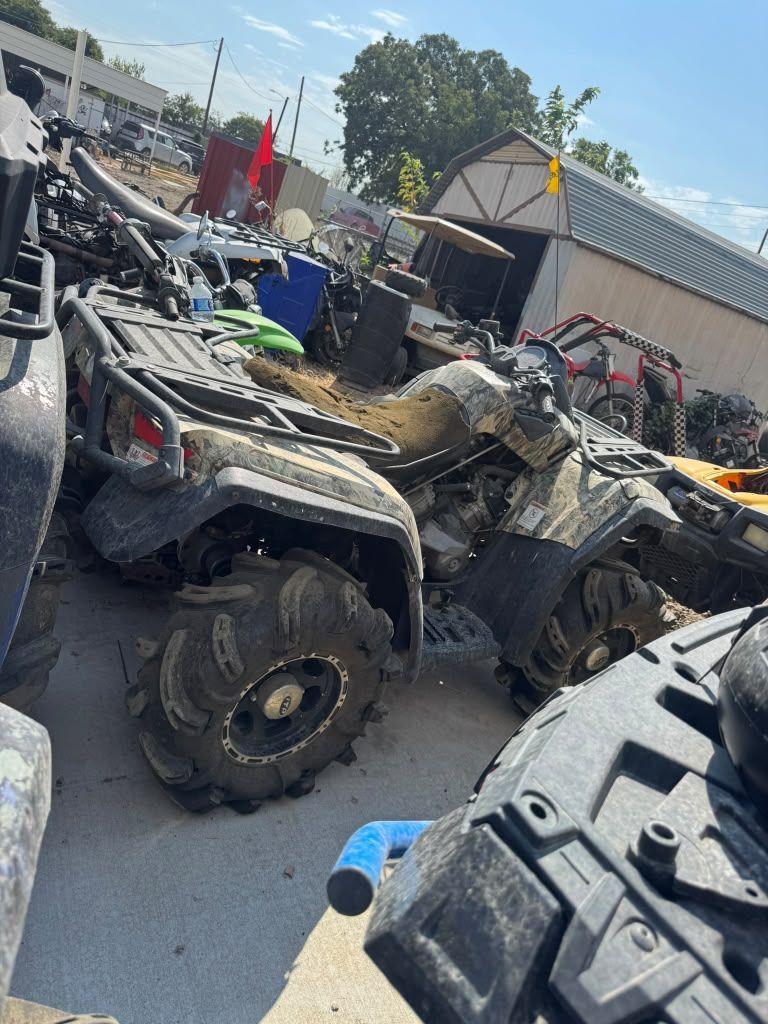 Row of damaged ATVs in a junkyard, with one tan animal lying on a vehicle in the foreground.