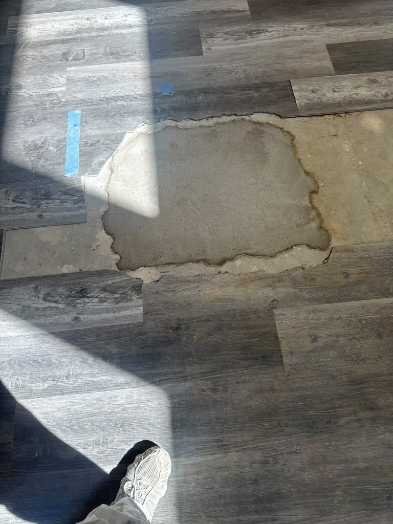 Broken patch in a gray wood floor near a sneaker and bright sunlight shadows