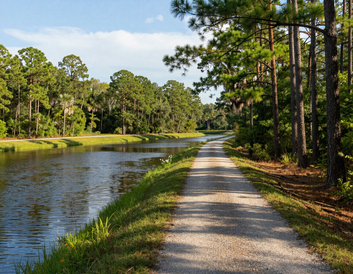 Gravel path beside a calm river, lined with green trees under a sunny sky