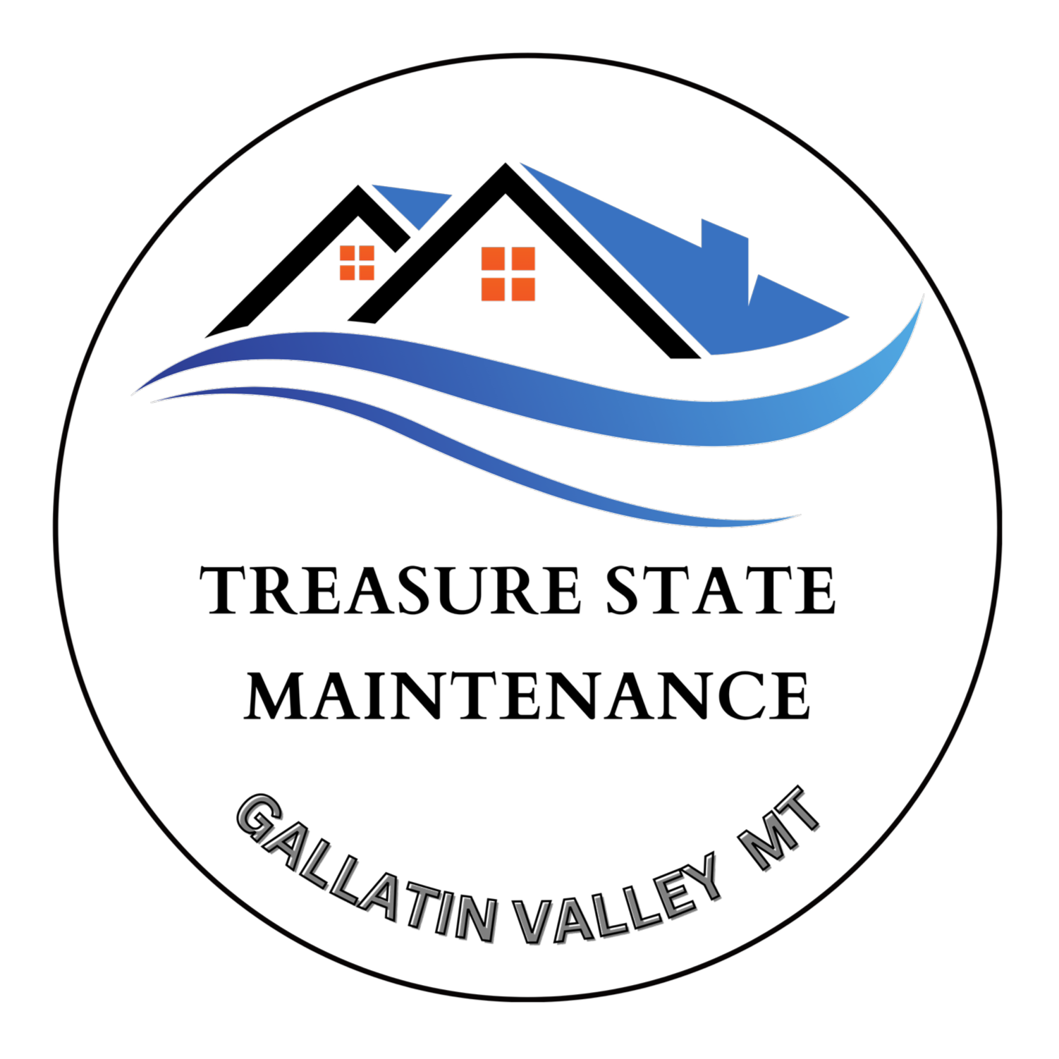 Treasure State Maintenance logo with house roofs, blue wave, and Gallatin Valley MT text