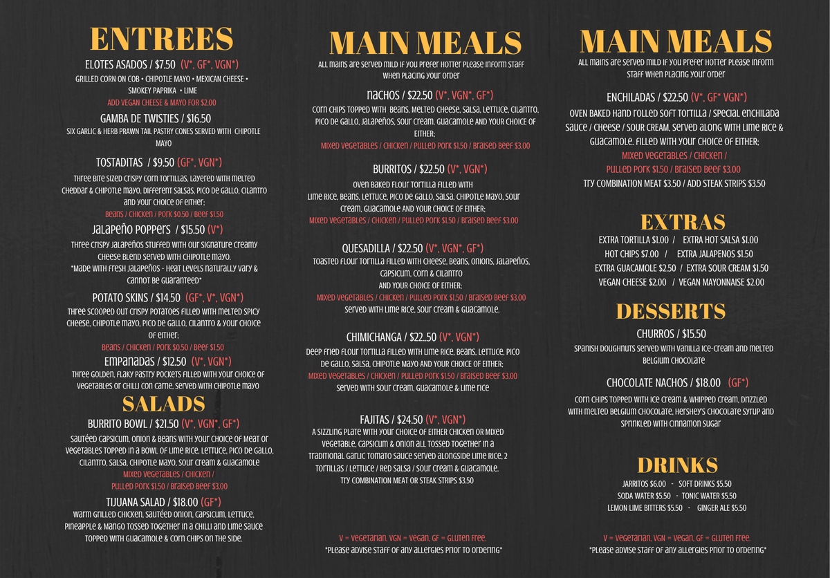 Tequila 'n' Tacos takeaway menu with appetizers, tacos