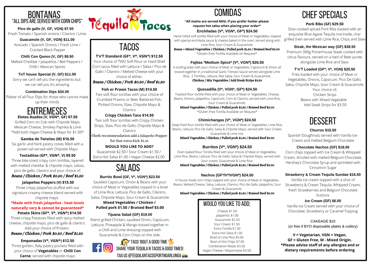 Tequila 'n' Tacos takeaway menu with appetizers, tacos