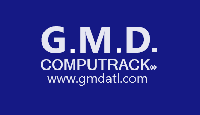 A blue background with the g.m.d. computrack logo