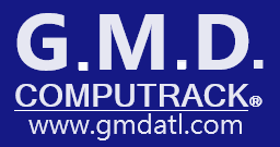 A blue and white logo for g.m.d. computrack