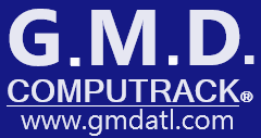 A blue logo for g.m.d. computrack