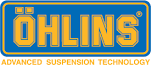 A blue and yellow sign that says ohlins advanced suspension technology