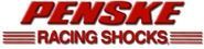 A red and white logo for penske racing shocks