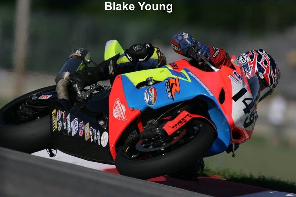 A person riding a motorcycle with the name blake young on the bottom