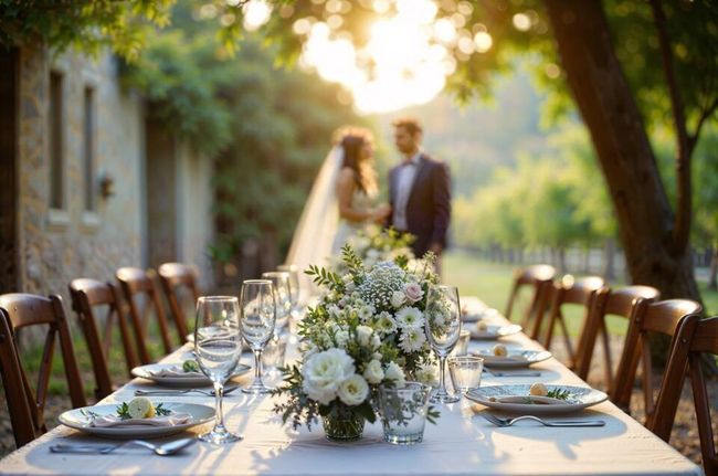 Wedding reception table set outdoors with floral centerpiece, blurred bride and groom in the background.