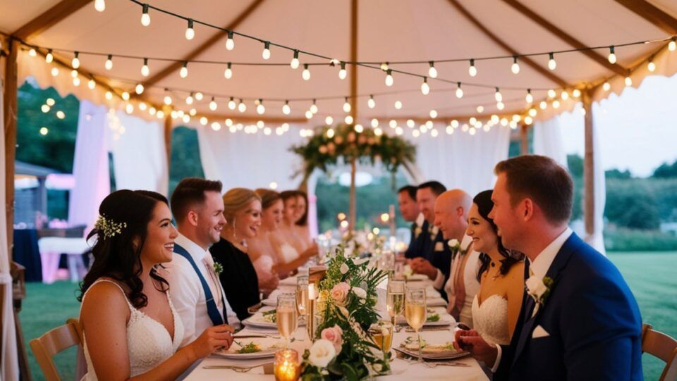 Guests seated at a long candlelit dinner table under a tent with string lights at sunset.
