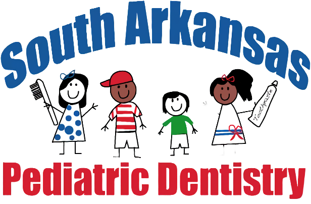 South Arkansas Pediatric Dentistry logo with cartoon children holding dental tools and a toothbrush