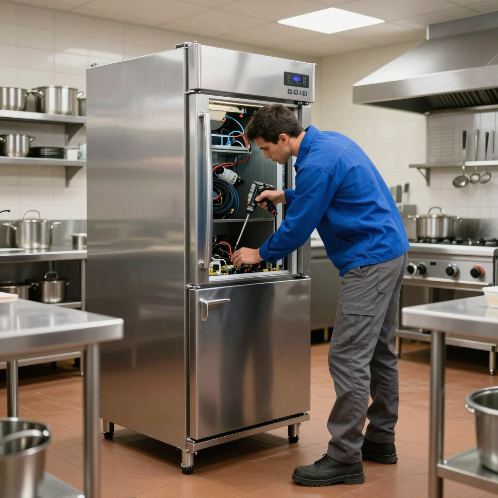 A technician in a blue uniform uses a power tool to repair a commercial refrigerator inside a professional kitchen.
