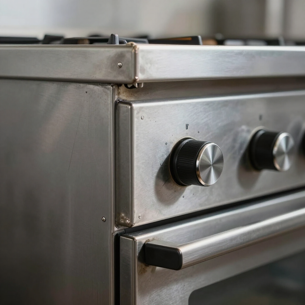 A close-up of a stainless steel kitchen stove with black control knobs and a horizontal handle.
