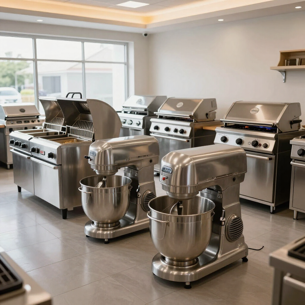 A showroom featuring commercial stainless steel stand mixers in the foreground and gas grills in the background.