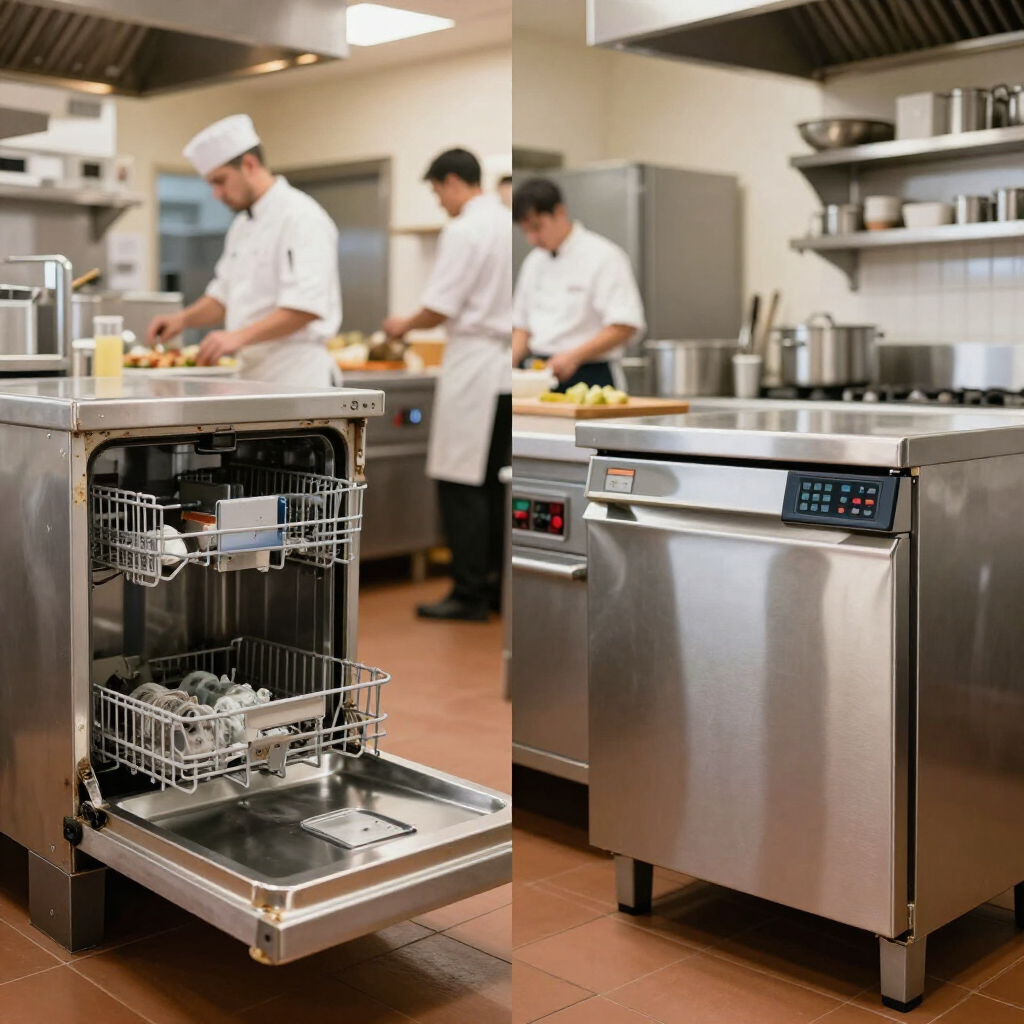 A commercial kitchen featuring stainless steel dishwashers and culinary staff working in the background.