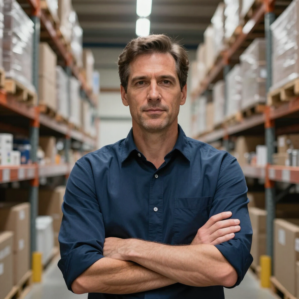 A person stands with arms crossed in a warehouse aisle lined with shelves of boxed inventory.