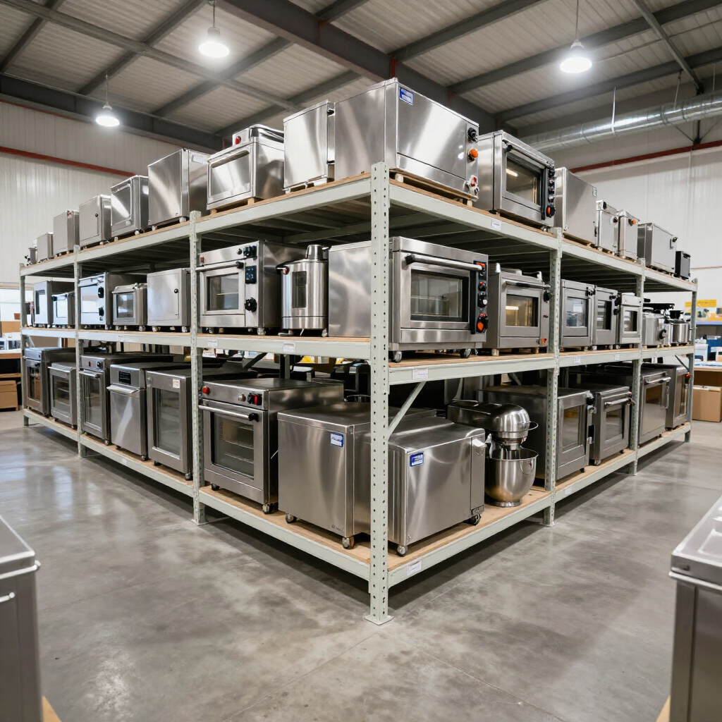 Industrial warehouse shelving units filled with various stainless steel commercial ovens and kitchen appliances.