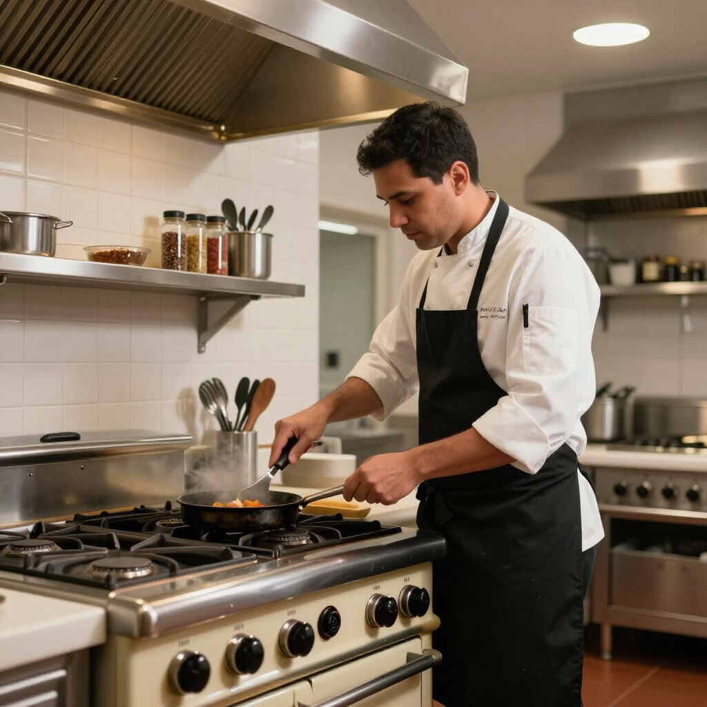 A chef in a white uniform and black apron cooks in a pan on a stainless steel stove in a professional kitchen.