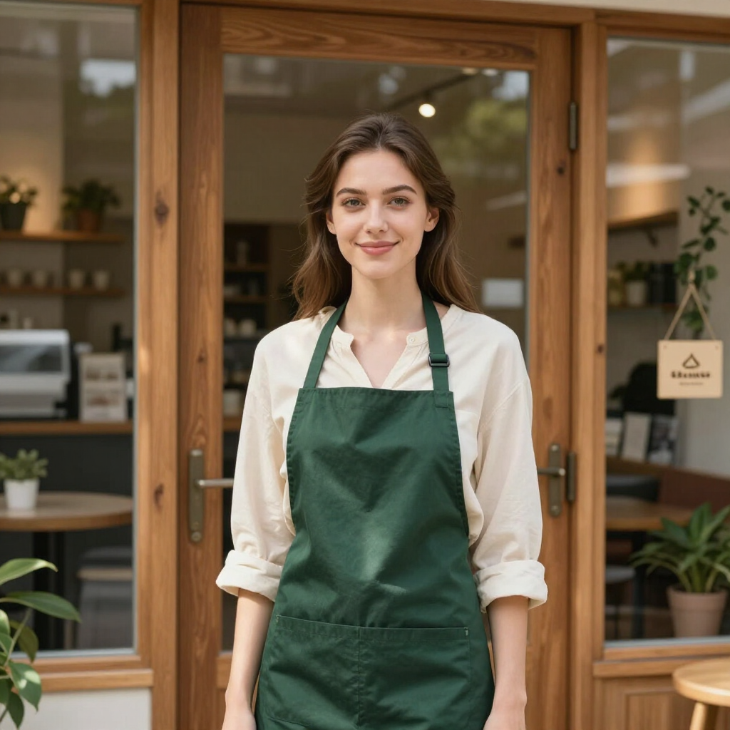 A smiling person wearing a dark green apron stands in front of a glass cafe door with wooden frames and indoor plants.