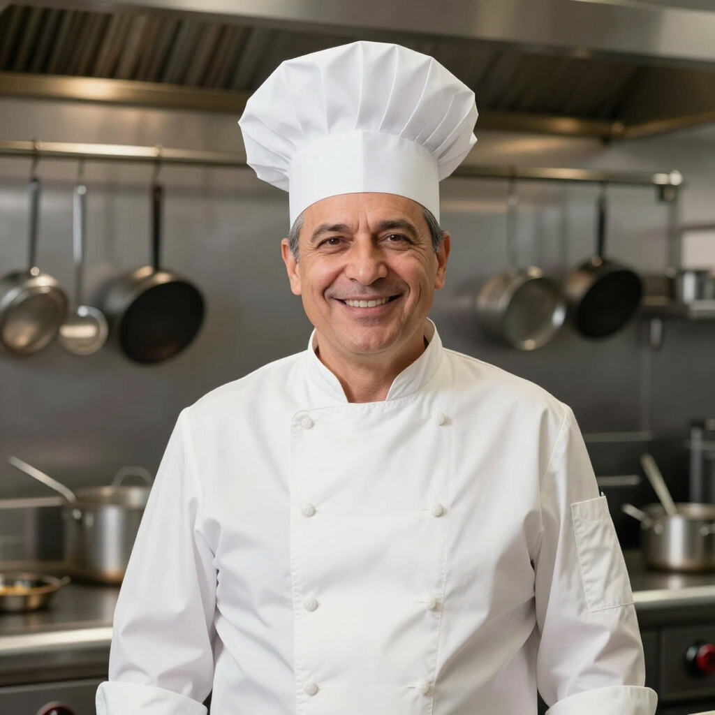 A smiling chef wearing a white uniform and toque, standing in a professional commercial kitchen.
