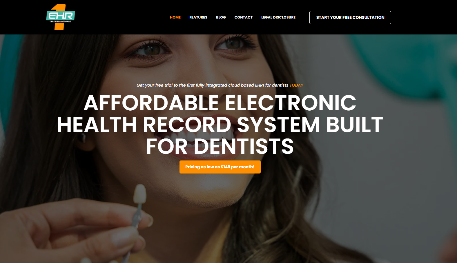 Woman holding teeth veneers, website promoting affordable electronic health record system for dentists.