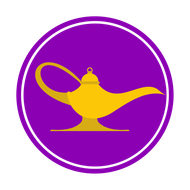 Golden magic lamp on a purple background, within a white and purple circle.