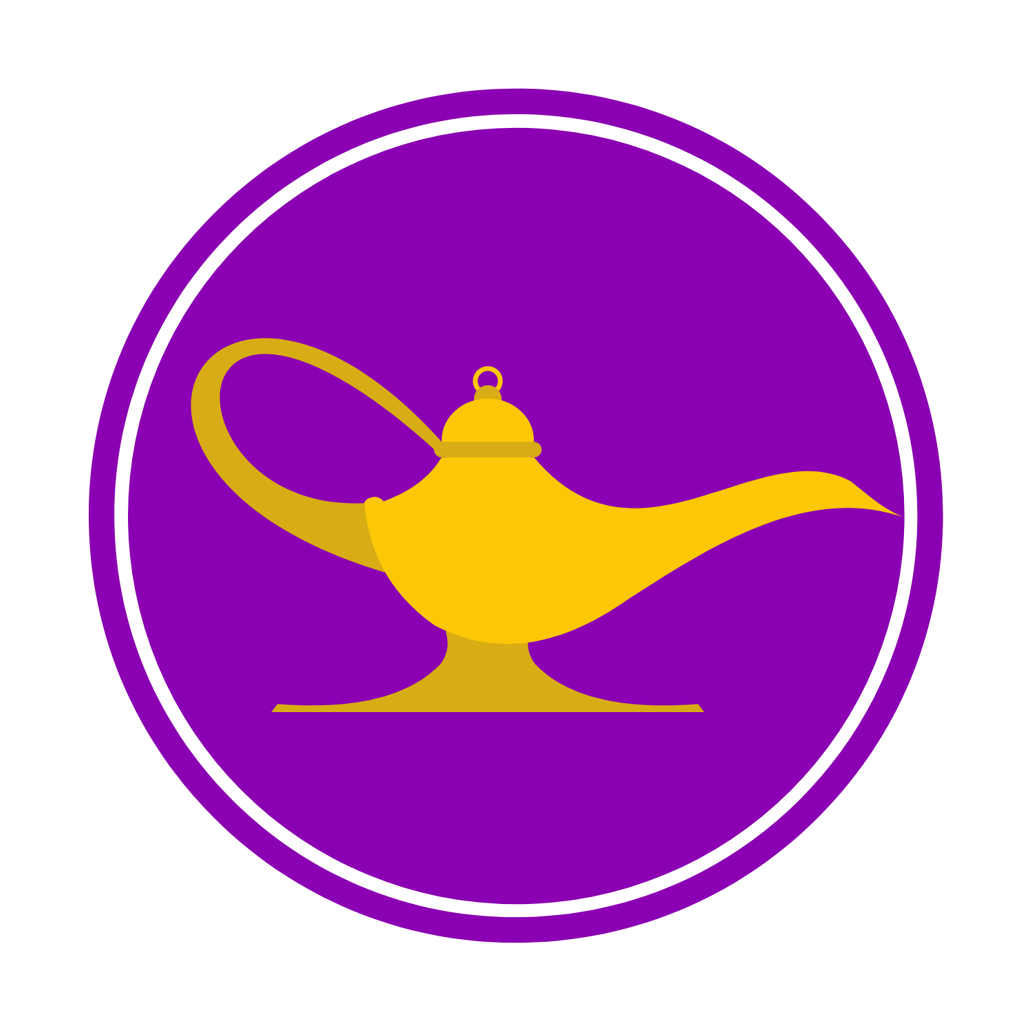 Golden magic lamp on a purple background, within a white and purple circle.