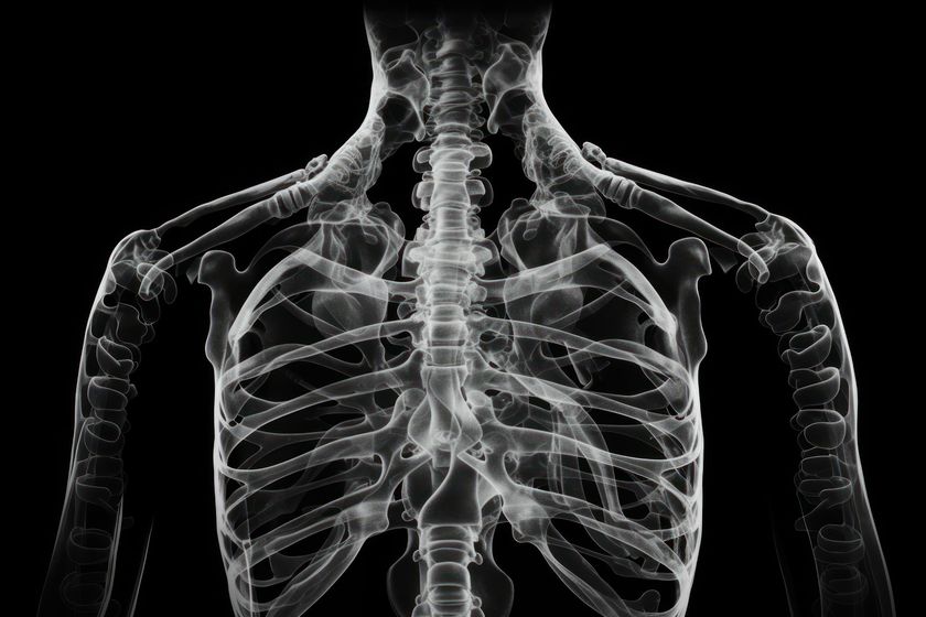 X-ray-style view of a human torso showing the rib cage, spine, and shoulders on a black background