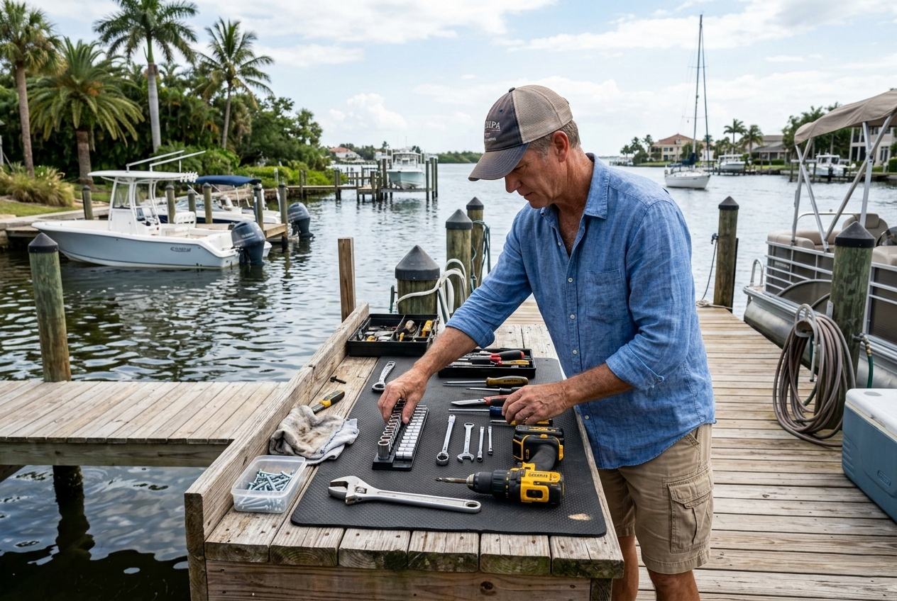 Tampa dock owner organizing essential maintenance tools on a wooden dock.