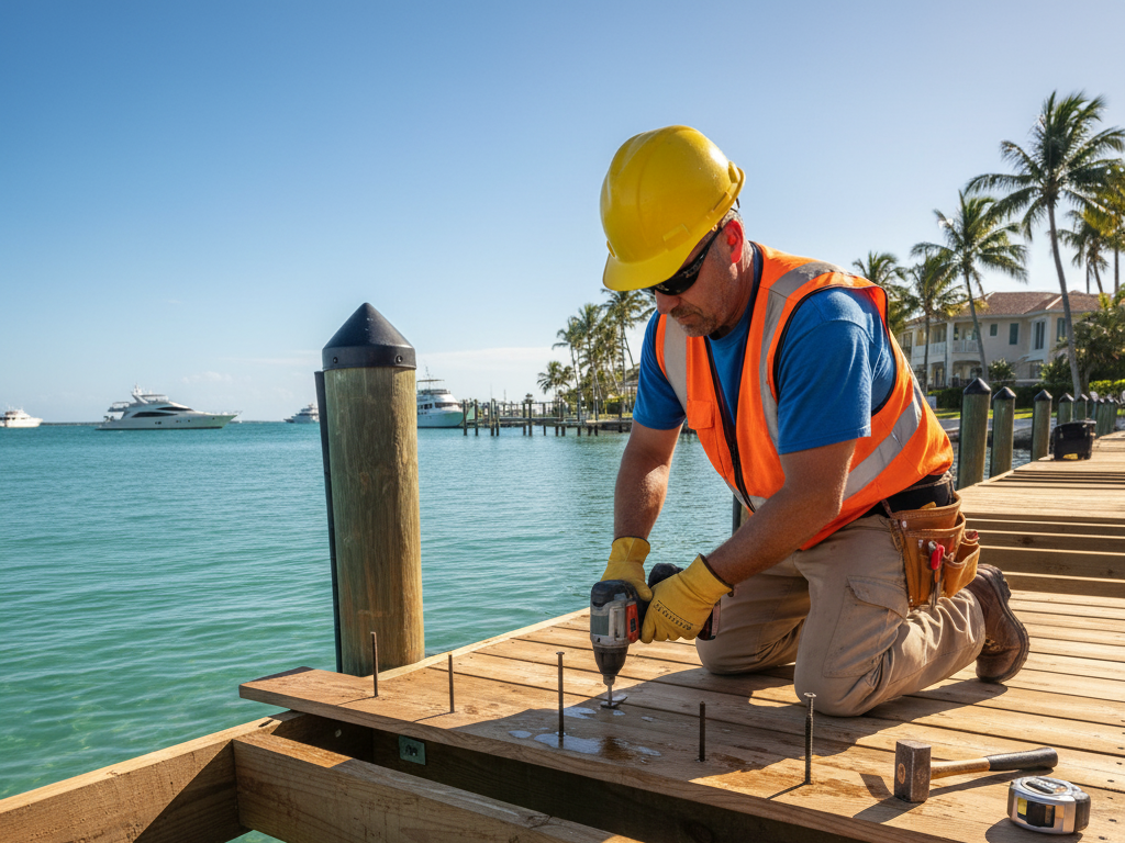 Dock builder in a vest on a boat near a partially constructed wooden dock