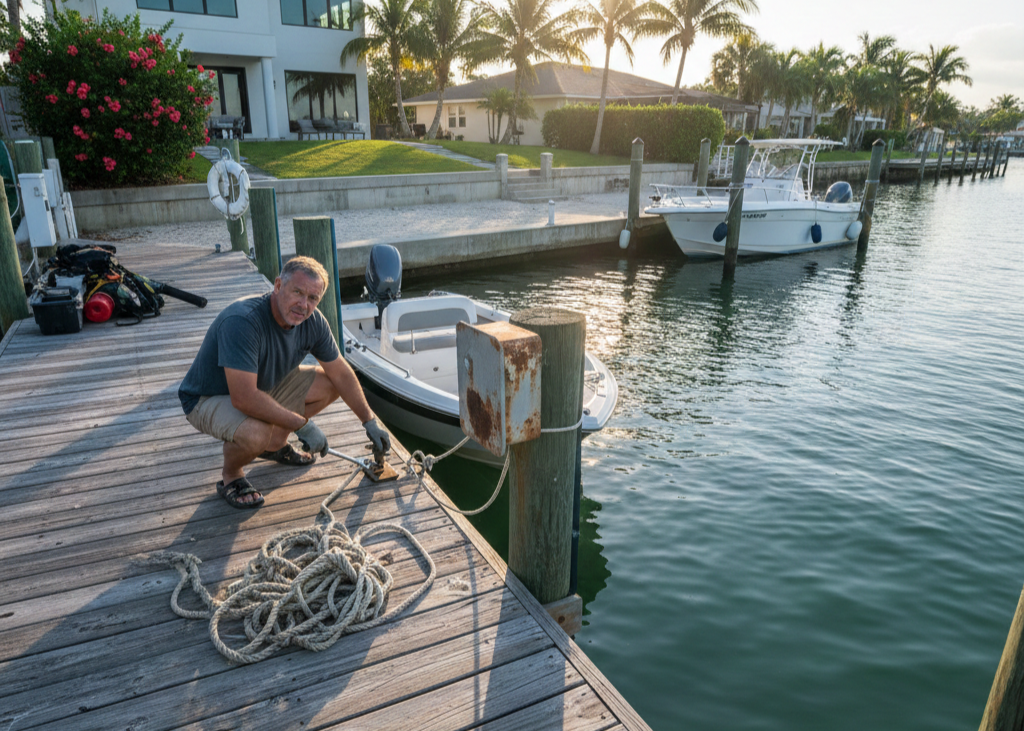 New boat owner securing a dock line in Tampa to avoid common first-time mistakes.